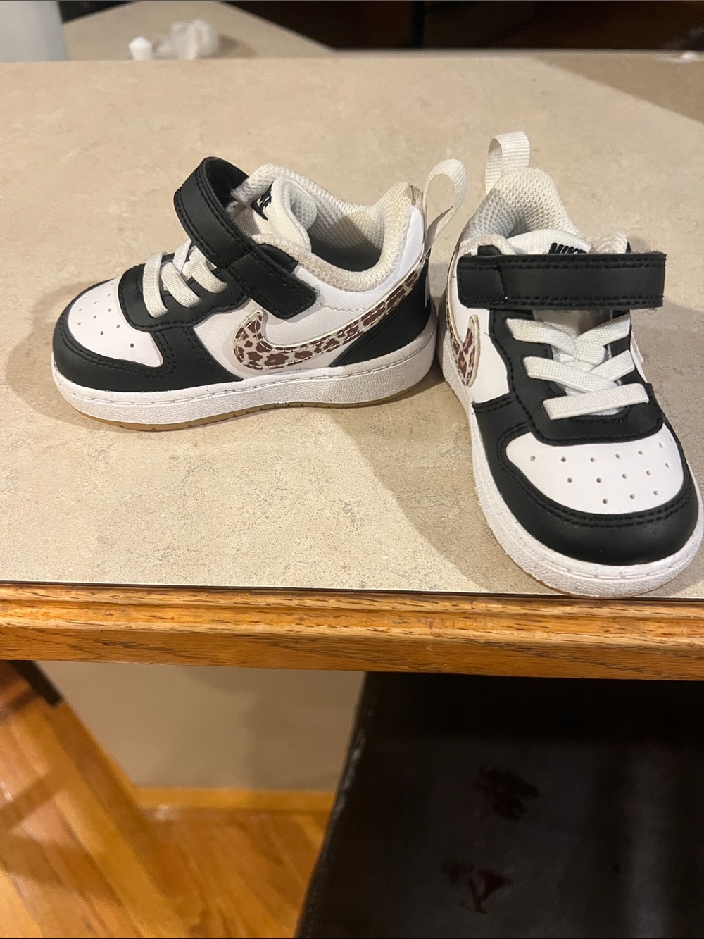 Nike Kids Black & White Sneakers with Leopard Swoosh
